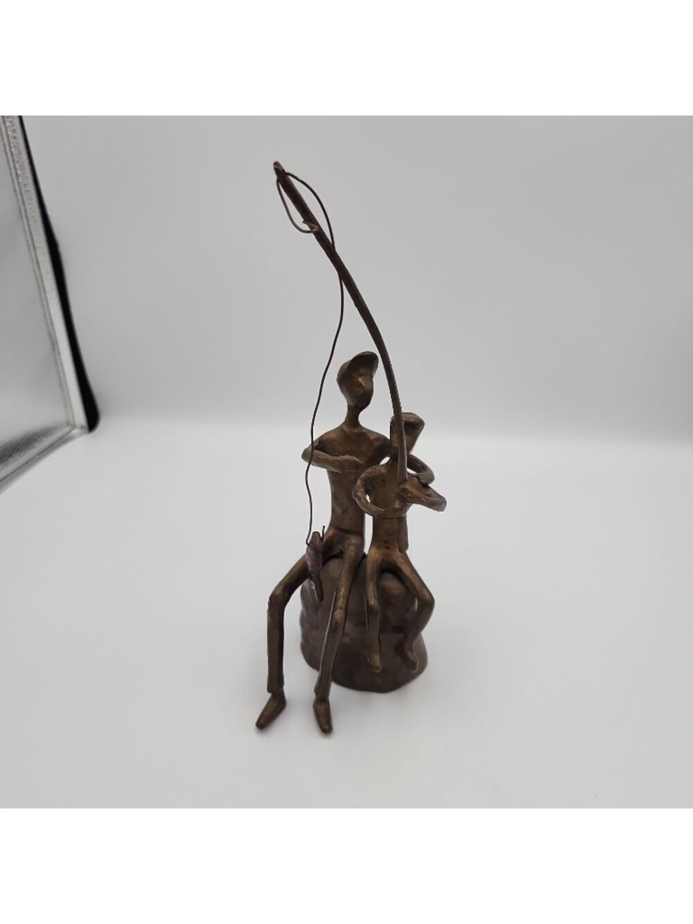 VINTAGE Father Son Fishing Fish On Line Cast Iron Bronze Sculpture 9.5"